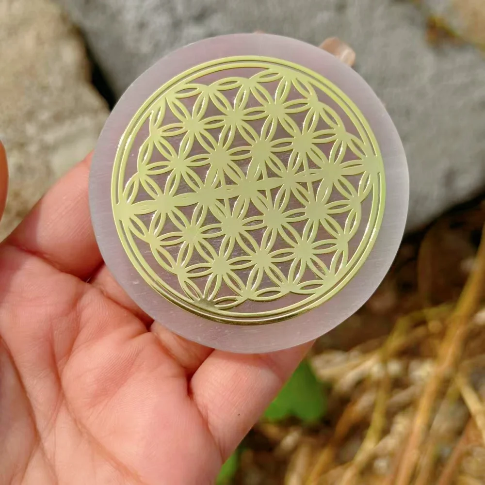Natural Selenite Charging Plate with Gold Sacred Geometry Tree of Life Om Symbol for Crystal Cleansing & Energy Healing