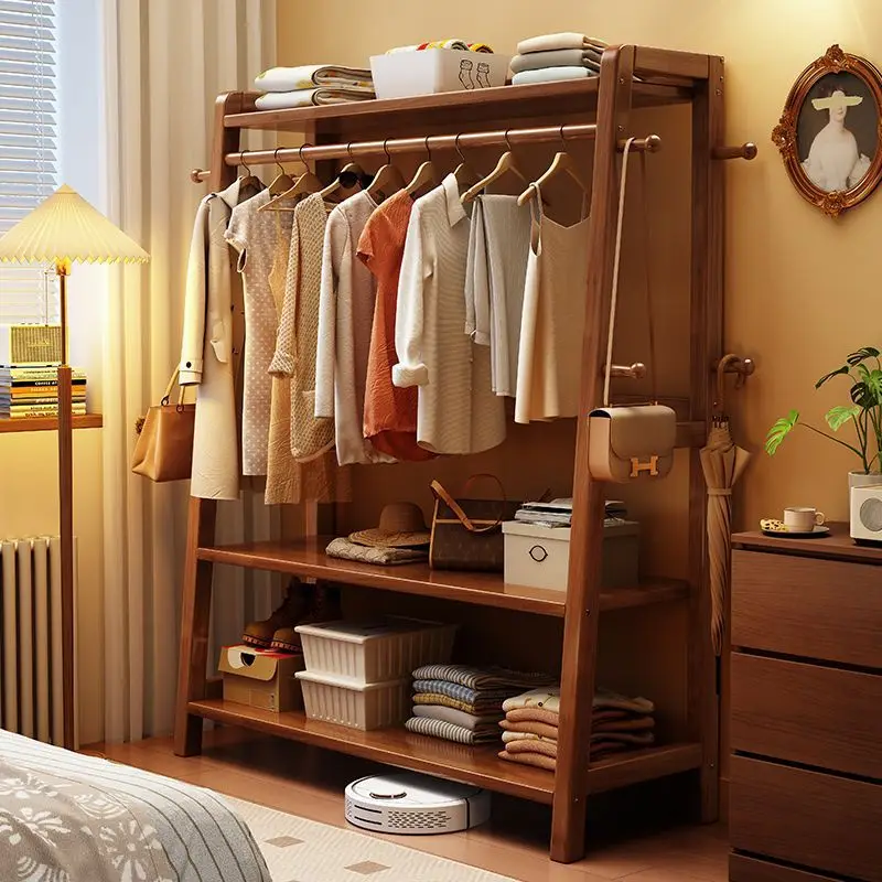 

Solid wood hanger Floor-to-ceiling bedroom hanger Household coat rack Room simple clothes rack Bedside storage rack