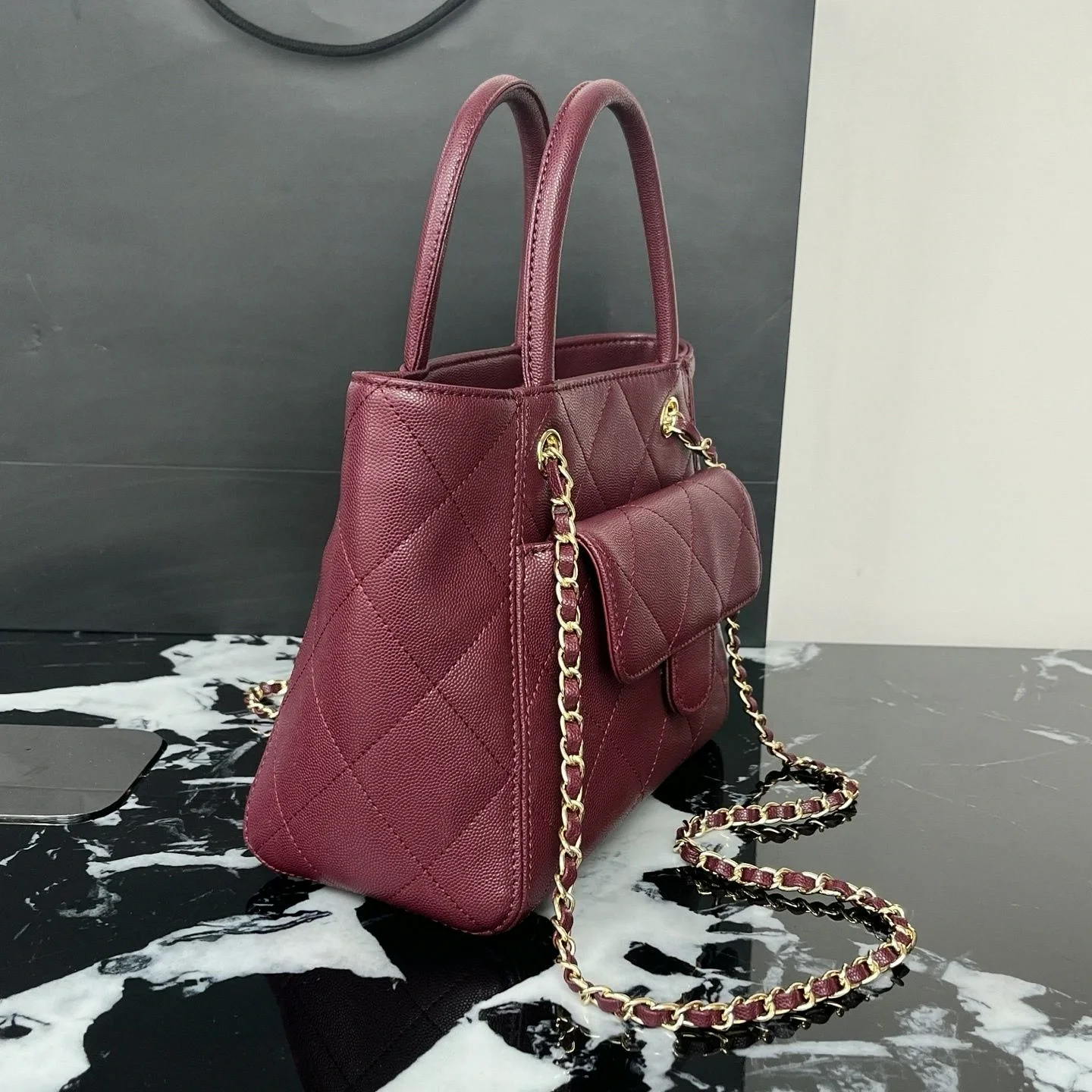 Burgundy Caviar Quilted Tote Handbag for Women, Leather Top Handle Shoulder Bag with Mini Pouch, Gold Chain Crossbody Purse