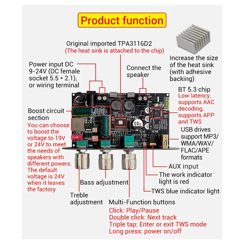 JABS-4X ZK-1001U con placa amplificadora Bluetooth Boost Mono 100W tono alto y bajo TWS altavoz DIY para exteriores TPA3116