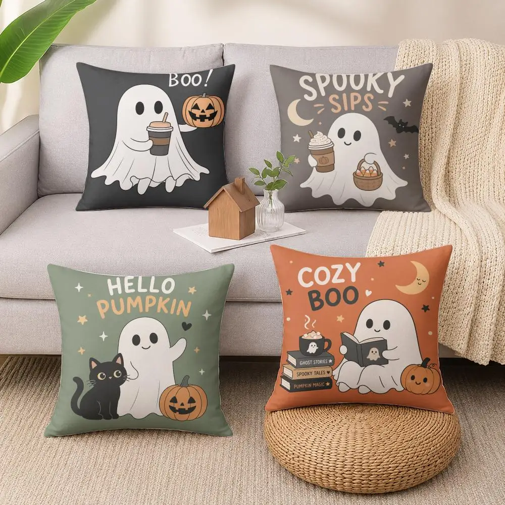 Cozy Boo Halloween Cushion Cover Luxury Soft Plush Short Fur Cushion Case Warm Cozy Sofa Bed Decorative Home Accent