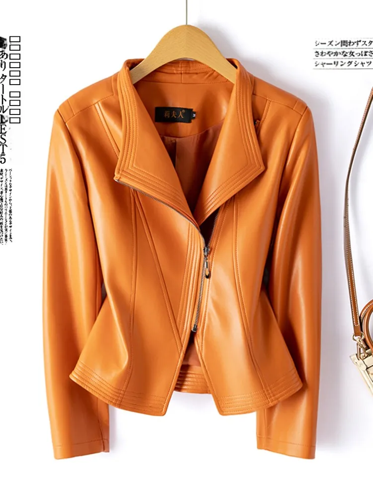 ファッショナブルな本革ジャケット女性のスリムシープスキンバイカーコートジッパースリムフィット通勤スリム秋新作
