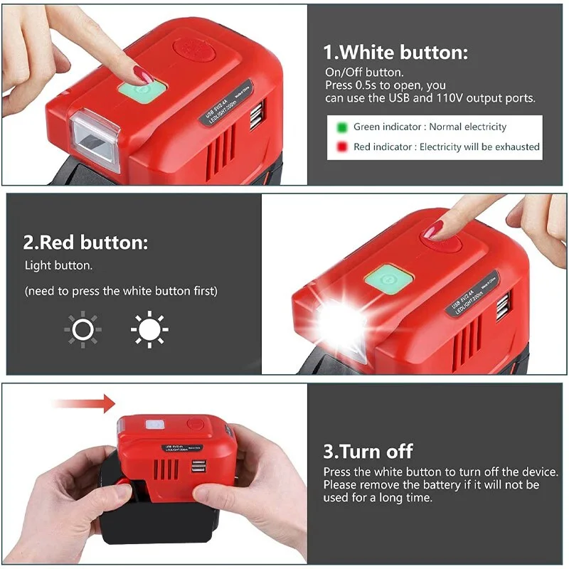 Imagem -04 - Fonte de Alimentação Adaptador Inversor com Luz Led Milwaukee 18v Bateria de Lítio Gerador Portátil 18v dc para ac 110v 220v 150w