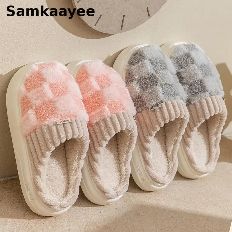 

36-45 Women Slippers Couple Winter Warm Plaid Cotton Shoes Thick Soft Sole Home Slides Indoor Floor Flat Home Non-slip Footwear