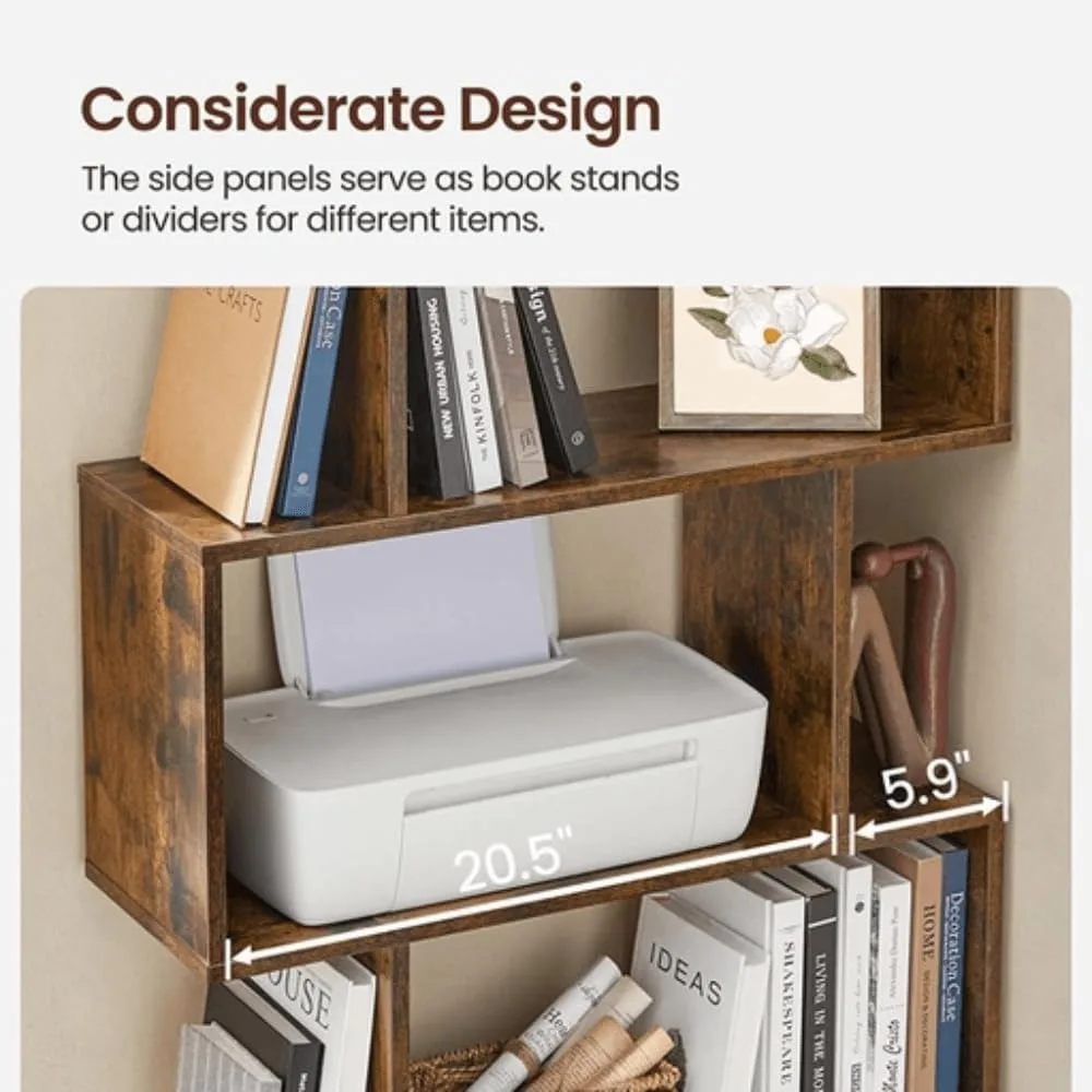 رف كتب بني ريفي مكون من 5 طبقات، ومقسم للعرض والغرفة، ووحدة رفوف تخزين قائمة بذاتها