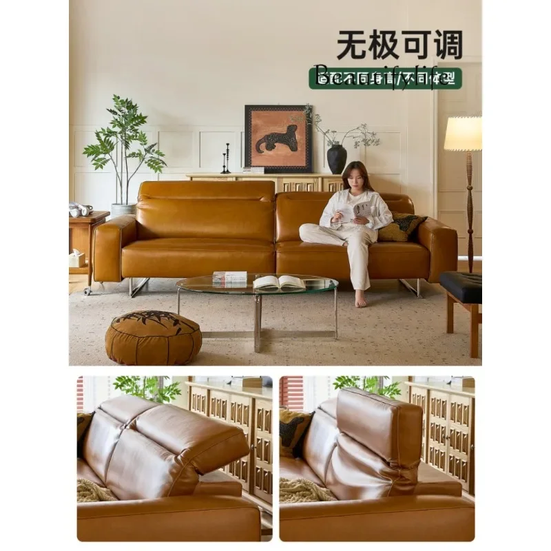 Kh Sofa retro oil wax leather art sofa home light luxury straight row three-person backrest adjustable
