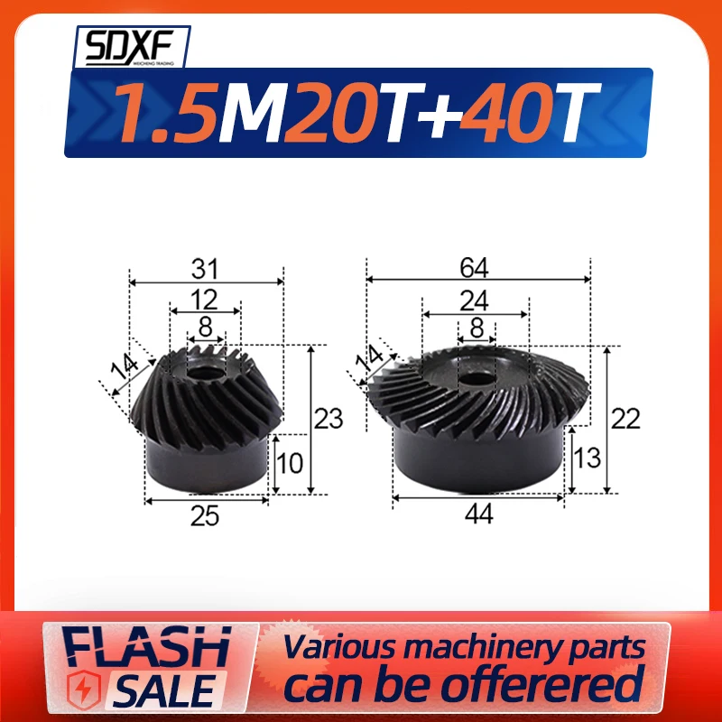 Two pieces, spiral helical bevel gear 1.5M20T+40T ration 1 to 2 machine parts