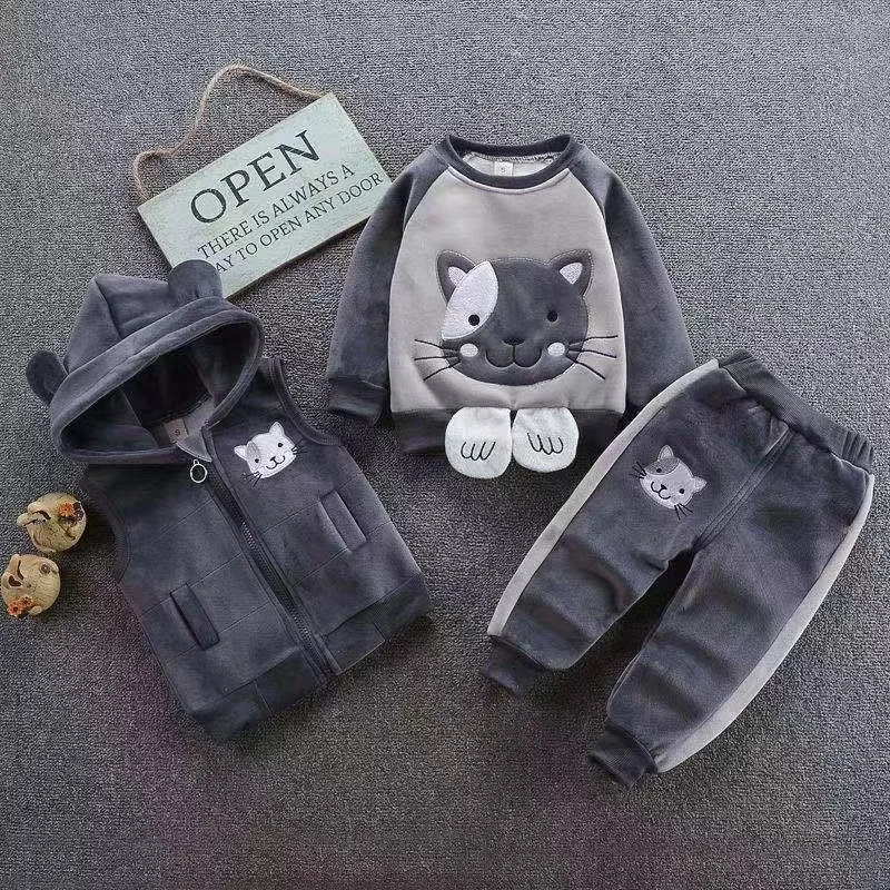 Boys and Girls Autumn and Winter New Cat Printed Cartoon Cute and Thick Velvet Fashion Warm 3-Piece Set for 0-3 Years