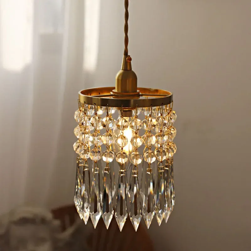 

French Crystal Pendant Light Luxury Bedroom Bedside Chandelier Lighting Aisle Bay Window Bar Counter Metal Cord Hanging Lamp