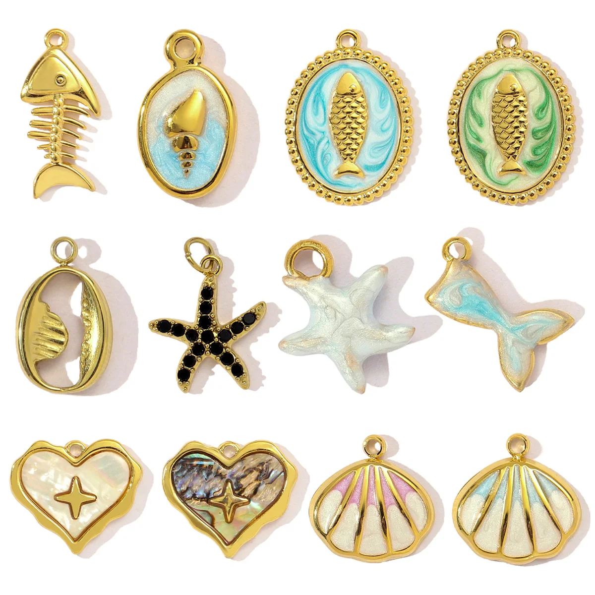 3pcs/Lot Stainless Steel Fish Bone Mermaid Tail Bracelet DIY Charms Women Shell Crab Conch Necklace Pendant Heart Love Jewelry view 2