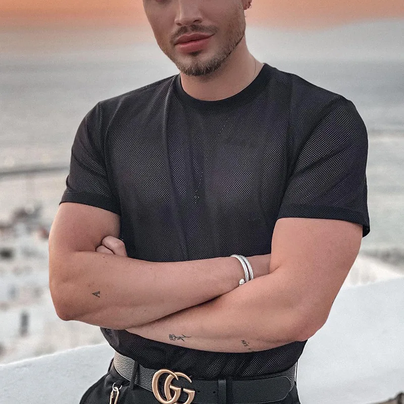 New T-shirt Loose Long-sleeved Bottoming Shirt Fashionable Men's Hollow-woven Slim-fitting Black Top