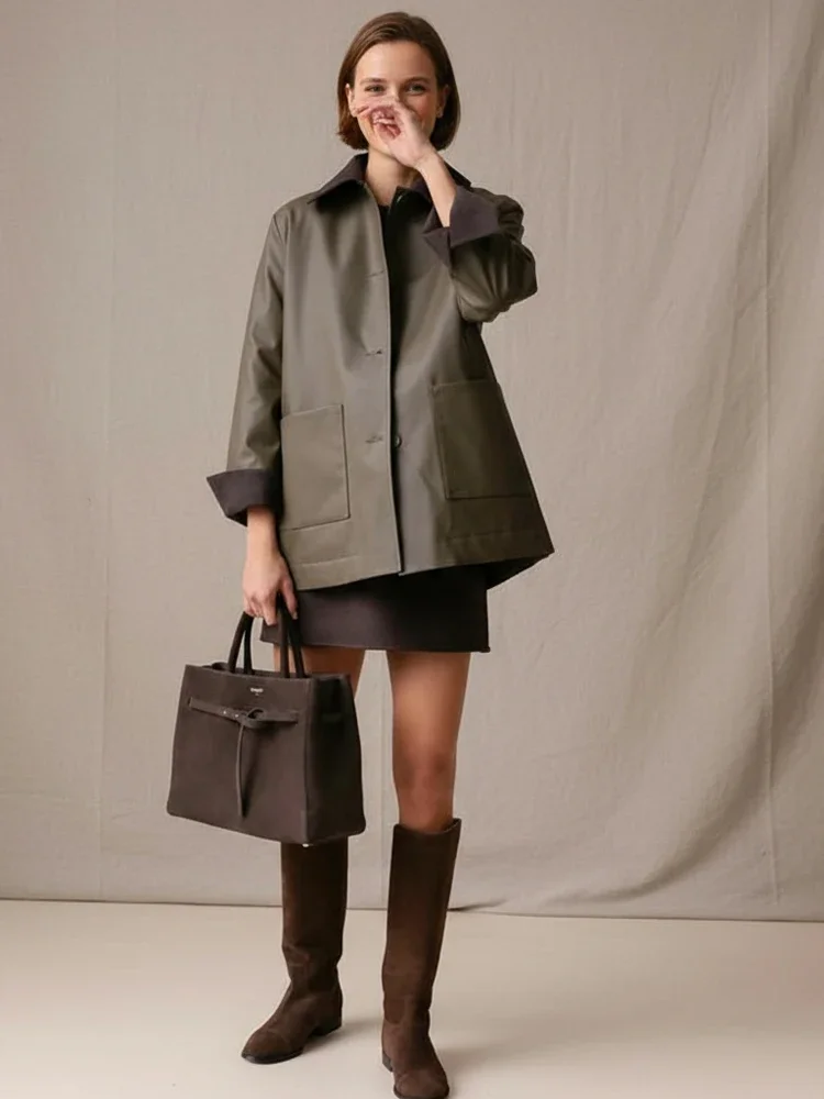 جاكيت جلدي أنيق بياقة للنساء، سترة كاجوال بأكمام كاملة وأزرار أمامية، فضفاضة مع جيوب، ملابس خارجية عصرية للسيدات 2026