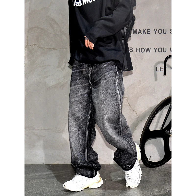 Black and gray distressed washed loose straight-leg jeans for mencleanfitTrendy vintage versatile American-style long pants