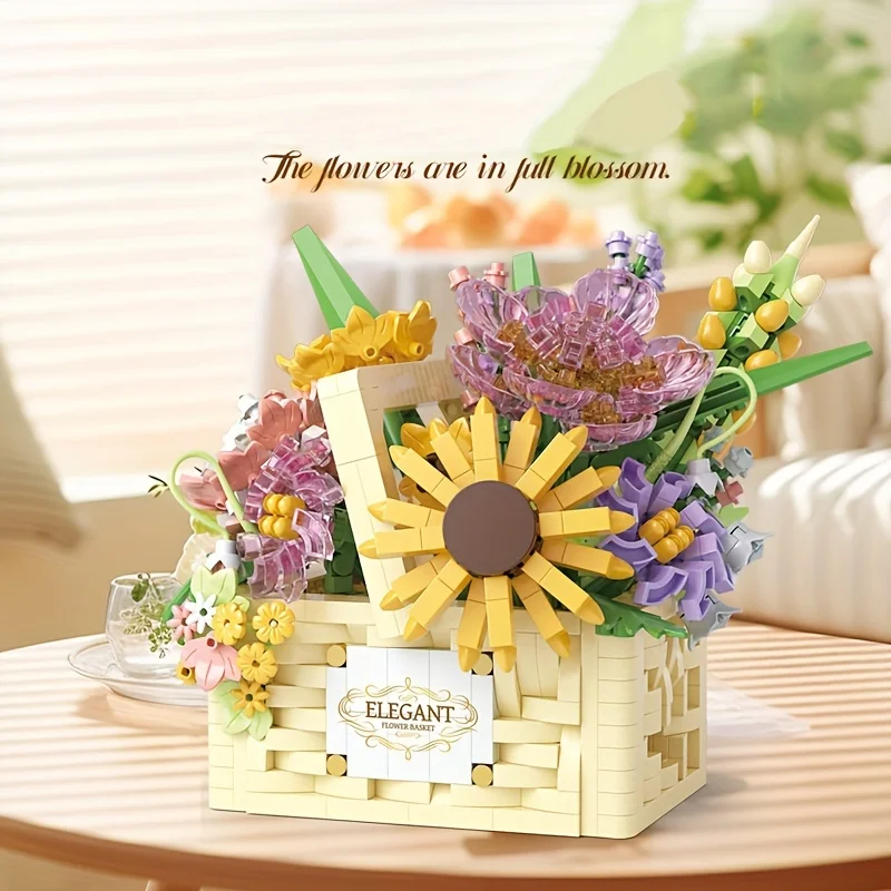 1263 peças diy conjunto de blocos de flores perpétuas-kit de modelo de cesta portátil criativa, presente de halloween/natal/aniversário