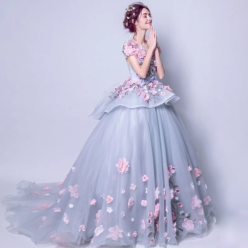 Vestidos de quinceañera grises 2 en 1, vestidos de graduación dulces 15, vestido de baile de fiesta de princesa 3D, flor rosa, Organza, cuello transparente, 2022