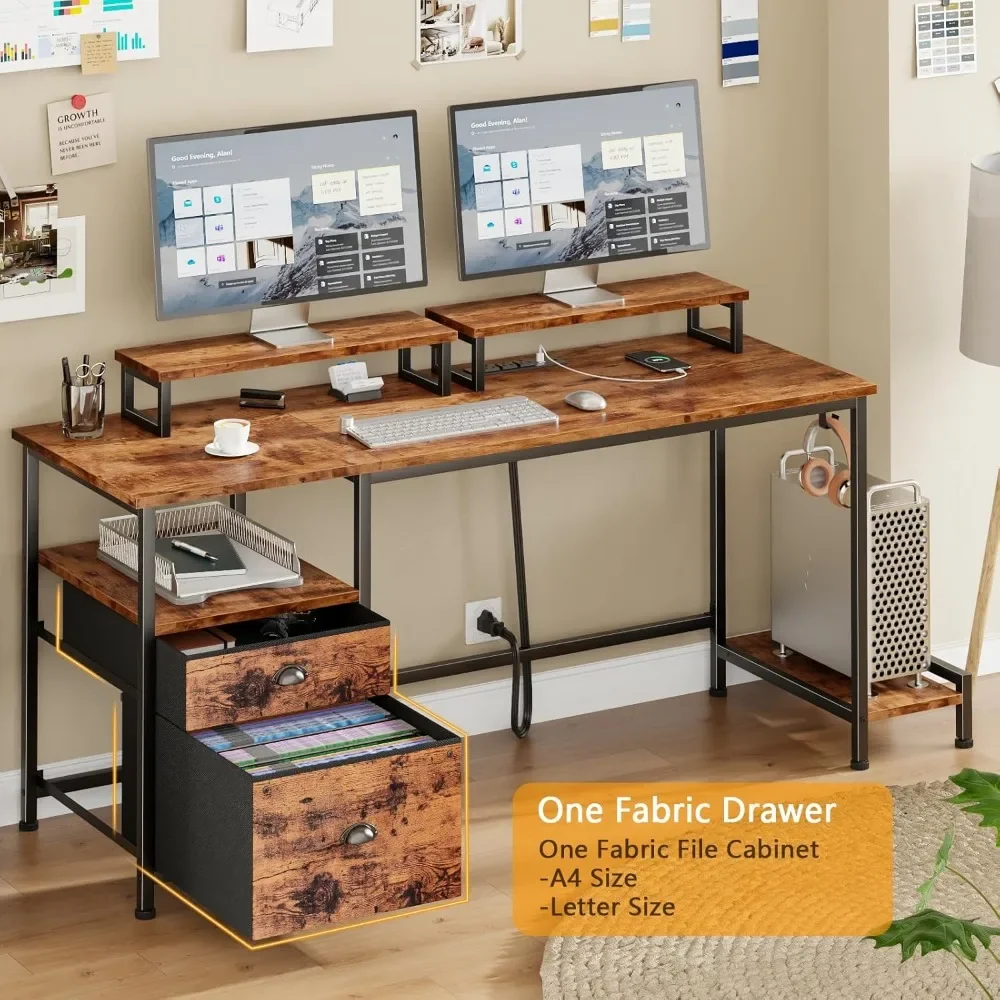 

47" Computer Desk with File Cabinet and Power Outlets,Home Office Desk withs 2 Monitor Stands ,Writing Gaming Table with Shelves