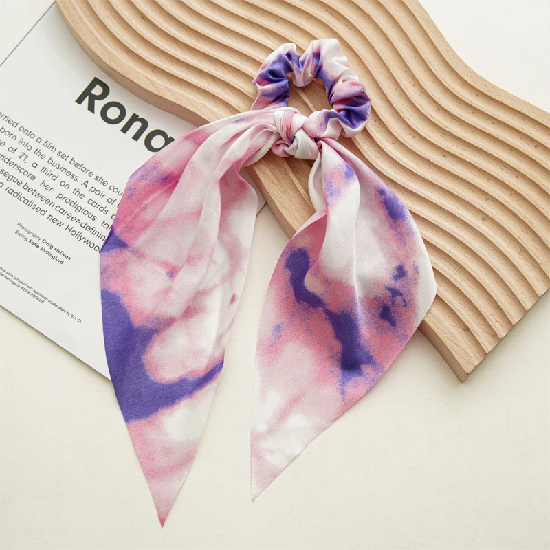 Bohemian Purple Floral Tie Dyed Hair Ribbons Ponytail Scarf Bowknot Elastic Hair Bands Women Hair Rope Headwear Hair Accessories