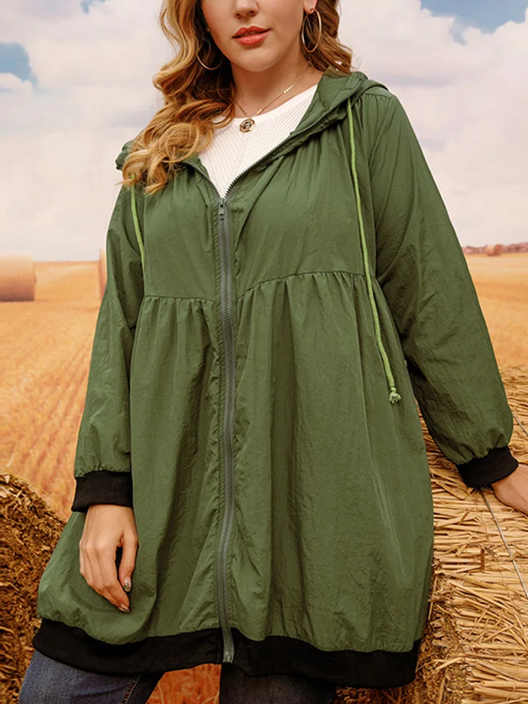 Chaqueta larga informal de talla grande para mujer, abrigo holgado con capucha y cordón, de manga larga, con cremallera, para primavera y otoño, 2023