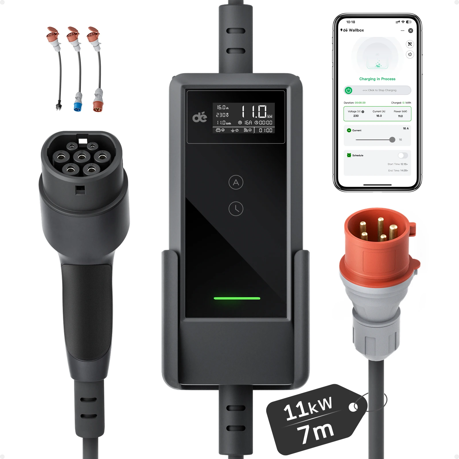 dé EV-Ladegerät Typ 2 11kW mit App 16A 3-Phasen 5,5m 7m 10m 15m 20m 25m Ladekabel Elektrofahrzeug-Ladegerät CEE-Stecker auf Typ 2 mit Einstellbarem Strom Tragbare Ladestation