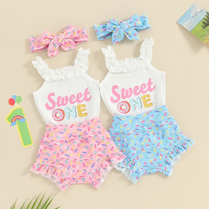 

0-18Months Baby Girl Summer Outfits Letter Print Frills Sleeveless Rompers Candy Bar Print Shorts Headband 3Pcs Clothes Set