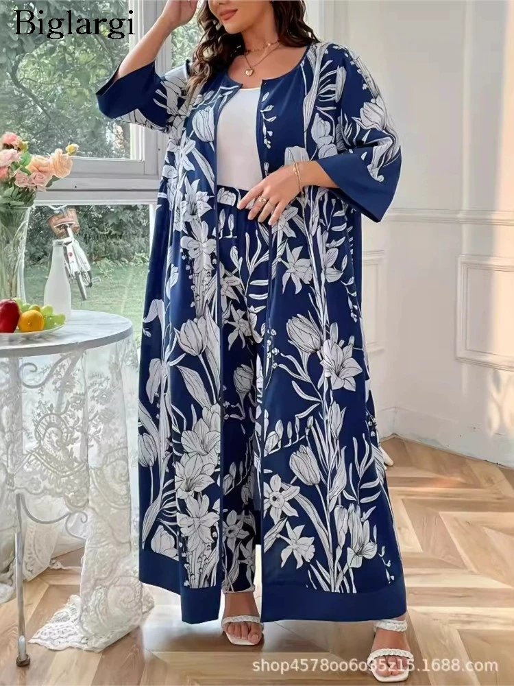 Plus Size Flower Floral Print Autumn 2-częściowy zestaw damski Plisowane luźne damskie długie płaszcze Wysoka talia Casual Woman Spodnie z szerokimi