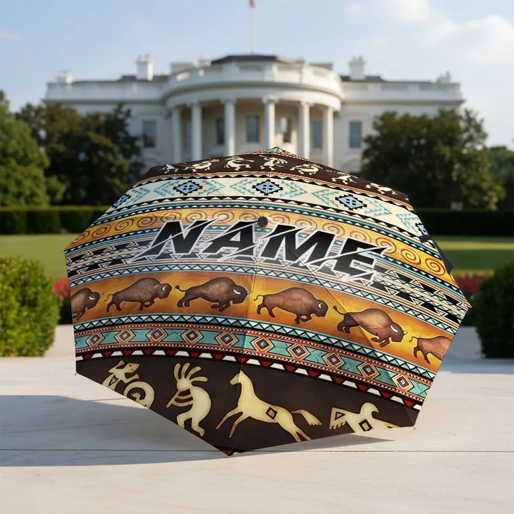 Custom Name umbrella, Aztec Tribal Pattern Umbrella with Buffalo Design Fashion Folding Umbrella for Daily Use, Christmas Gift