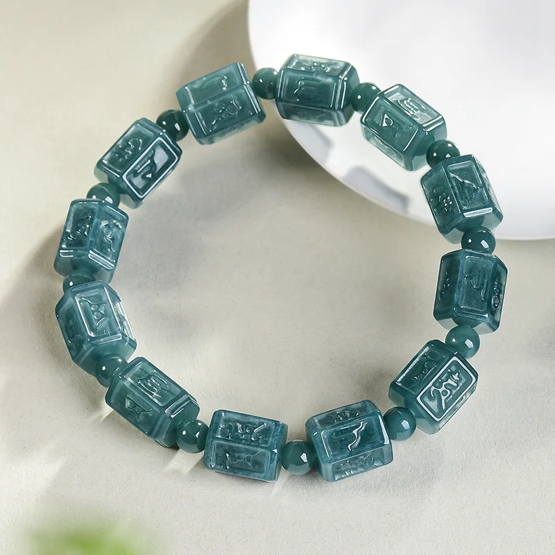 Natural A-Grade Jadeite Blue Water Species Six Syllable Mantra Barrel Bead Bracelet Engraved Buddhist Amulet Wristband Lucky