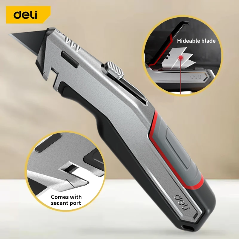 Deli Zinc Alloy Utility Knife Box Cutter Heavy Duty Retractable Cartons Cardboard and Boxes with Blade Storage Design