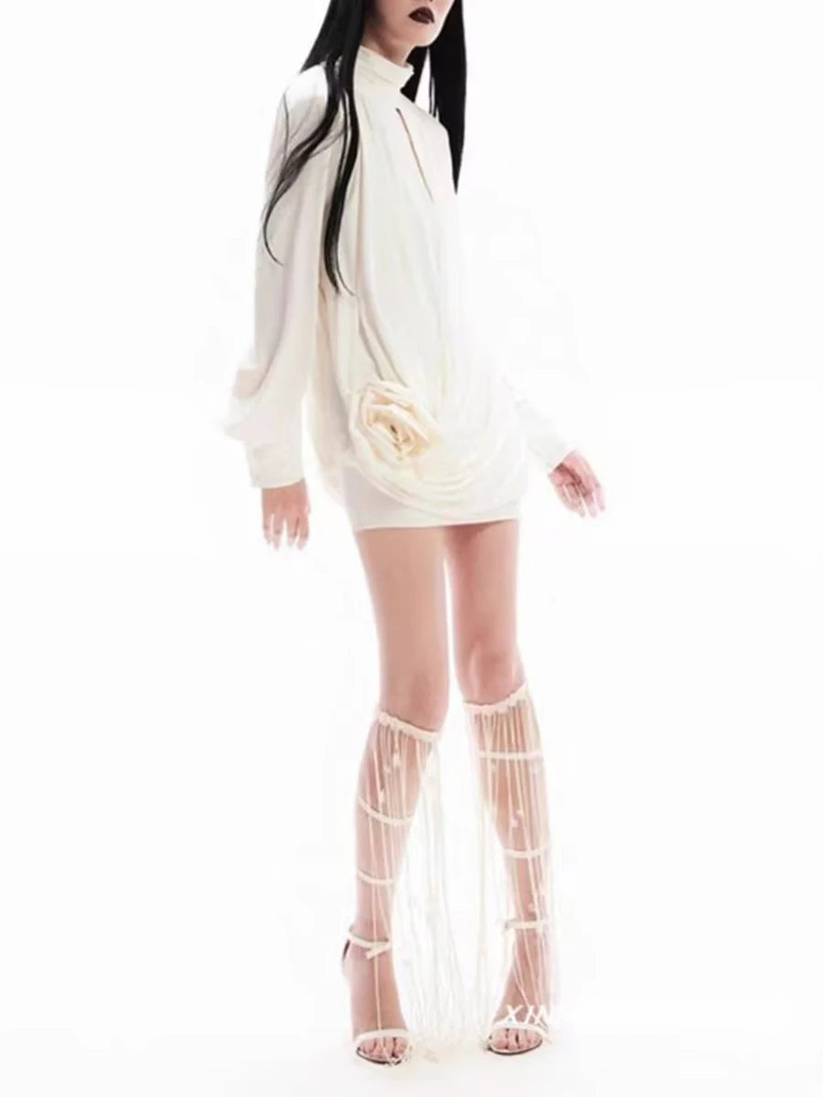 TWOTWINSTYLE Solid Spliced Appliques ชุดผู้หญิงเสื้อคอเต่าแขนยาวเอวสูง Hollow OUT อารมณ์ชุดหญิงใหม่