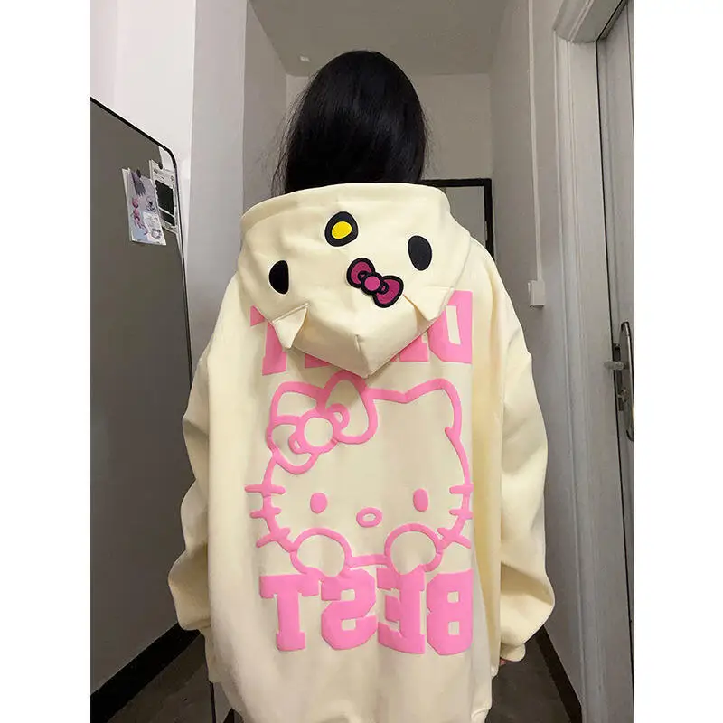 

Sanrio Cute Cardigan Hello Kitty Cartoon Hooded Sweatshirt Versatile Plush Loose Lazy Style Jacket Spring Autumn Winter Style