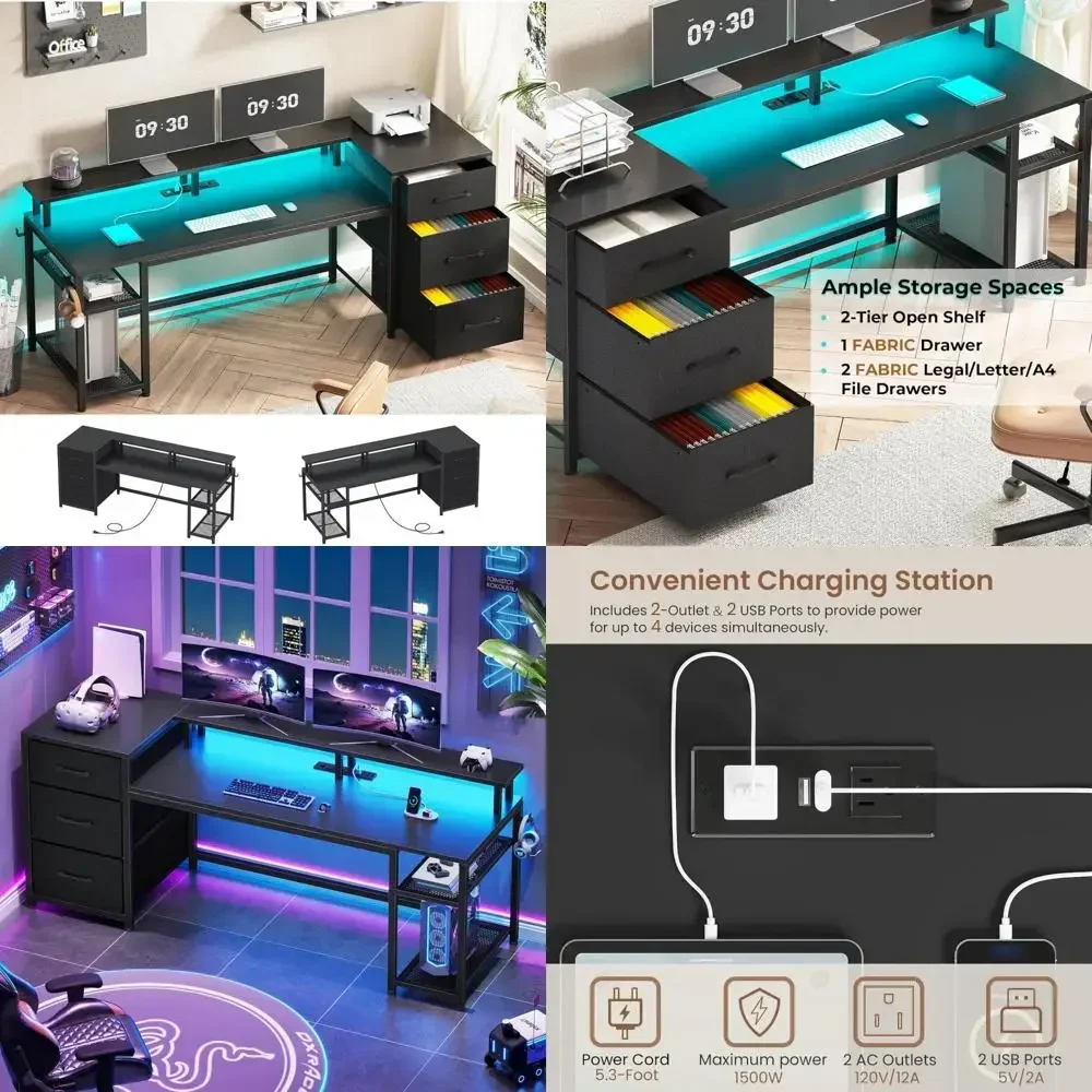

"59-inch executive desk with storage, dual-sided desk with file cabinets & space, illuminated gaming desk with power outlet"