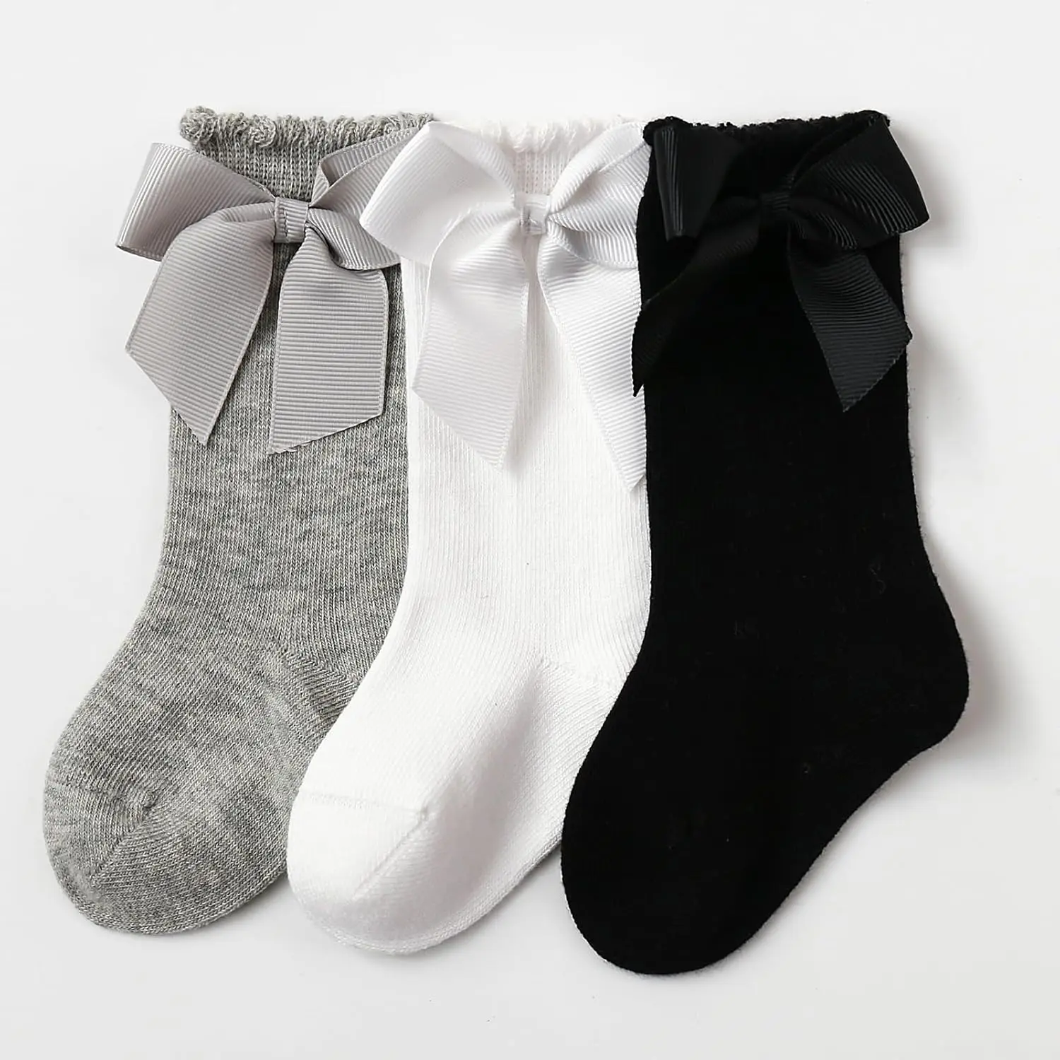 Infant Baby Girl Below Knee Socks, Solid Color Bow Decor Stockings Breathable Clothing Accessory 0-7T