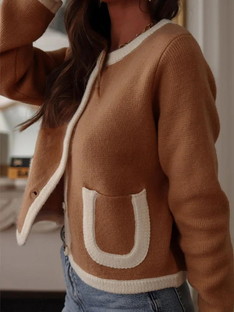 

Women Casual Long Sleeve Solid Knitted Coats Fashion Single breasted Sweater Jackets Elegant O-neck Contrasting Colors Cardigan