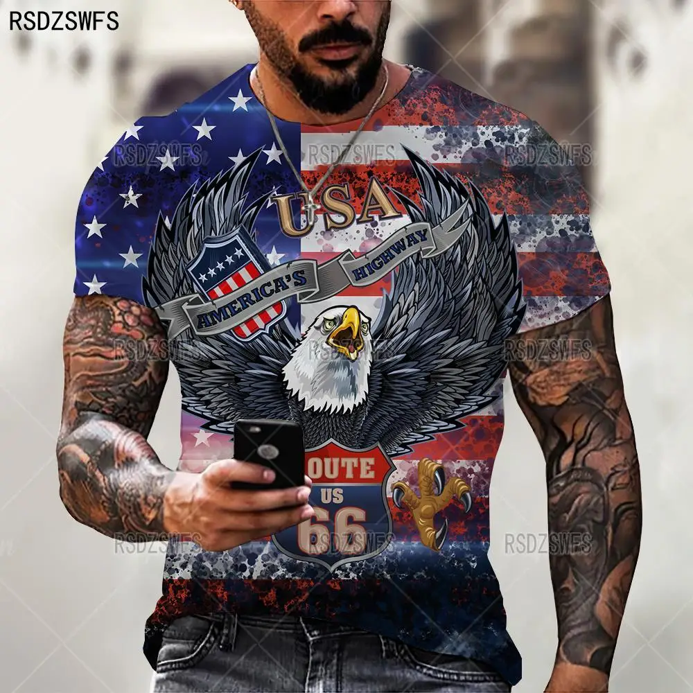 Fashion American Flag Men\'s T Shirt Summer Short Sleeve Oversized Loose Retro T-Shirt American Route 66 Letter Print Tops Tees