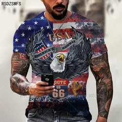 Fashion American Flag Men's T Shirt Summer Short Sleeve Oversized Loose Retro T-Shirt American Route 66 Letter Print Tops Tees