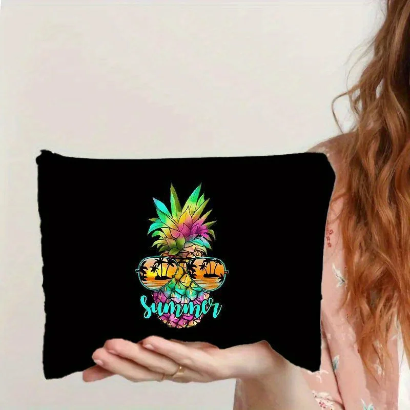 Canvas Toiletry Bag with Tropical Pineapple Design, Lightweight Casual Makeup Pouch with Zipper Closure, Durable Hand Washable