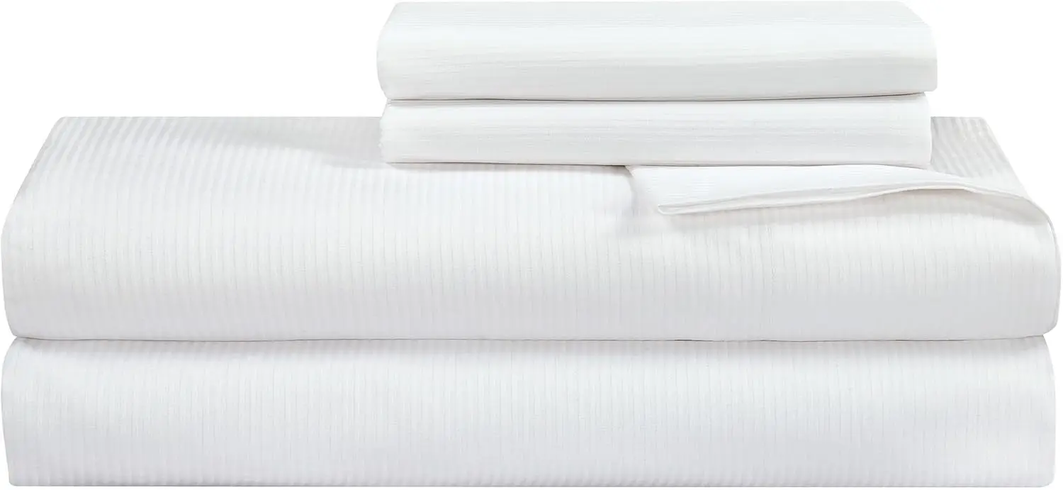 

300 Thread Count 100% Cotton Stripe Sheet Set - 4 Piece Queen Bed Sheets with Fitted, Flat & Pillowcases - Soft Breathable