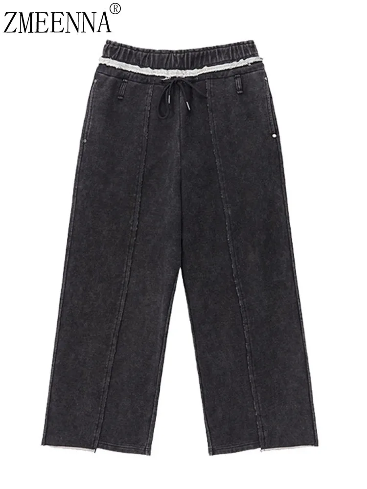 

ZMEENNA Loose Fit Wide Leg Denim Pants Street Style Casual Trousers For Women Elastic Waist Black Comfy Bottoms ZM733