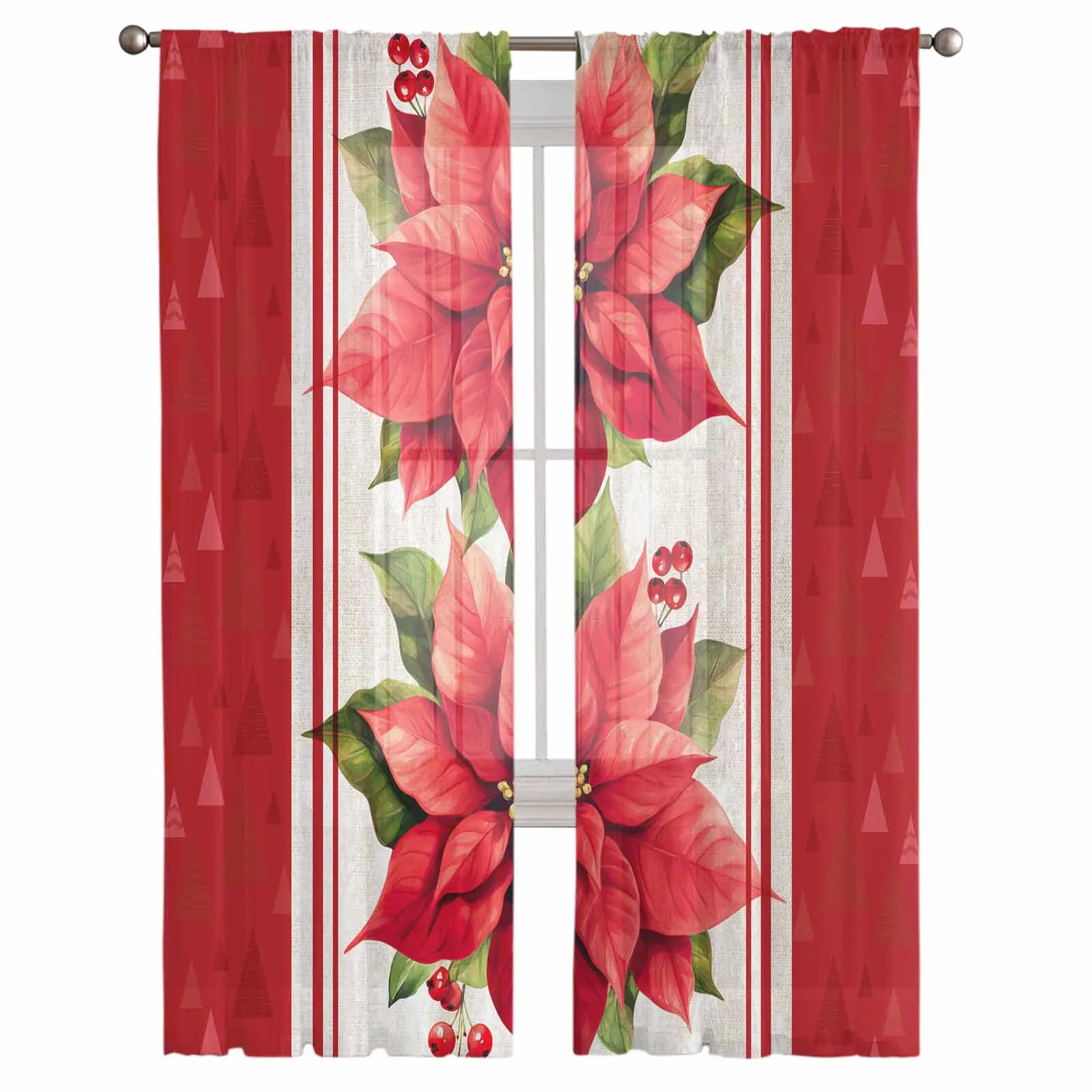 Christmas Poinsettia Berries Tulle Curtains for Living Room Decoration Modern Chiffon Sheer Voile Christmas Curtains