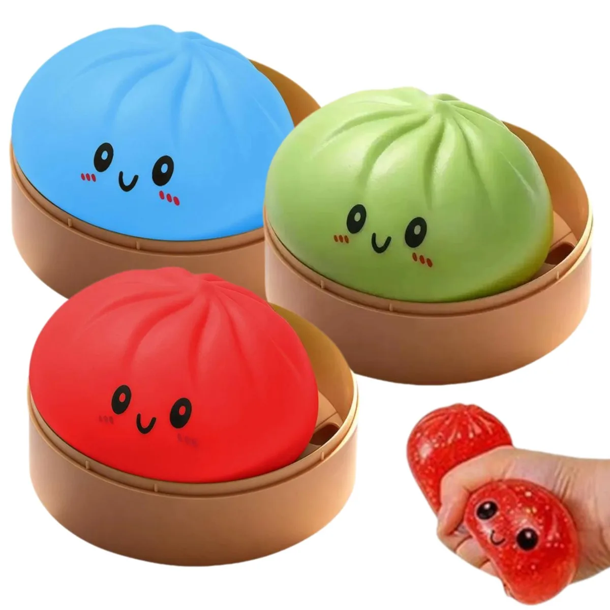 High-quality Dumpling Bun Squishy Toy with Steamer Box,Cute Colorful Dumpling Slow Rising Stretchy Toy Desk Anti-Anxiety Gif