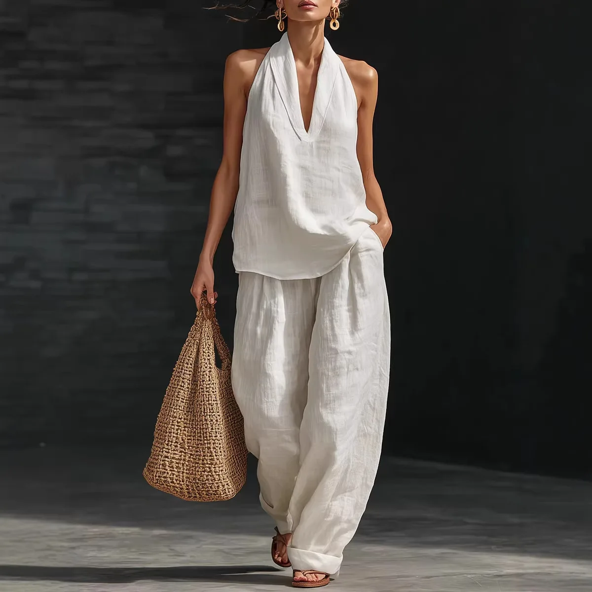 Conjunto de lino y algodón retro de verano para mujer, elegante top sin mangas con cuello en V y pantalones de pierna ancha, traje sin mangas para verano.