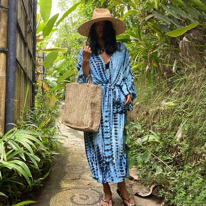 

Tie Dye Cotton Beach Kimono Swimwear Bohemian Oversized Bikini Cover Up Batwing Sleeve Long Cardigan Women Clothing