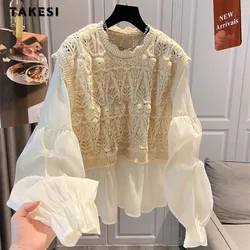 Japan Retro Style Round Neck Knitting Patchwork Long Sleeve Blouses 2023 Autumn Women Casual Thin Vintage Basics Loose Shirts