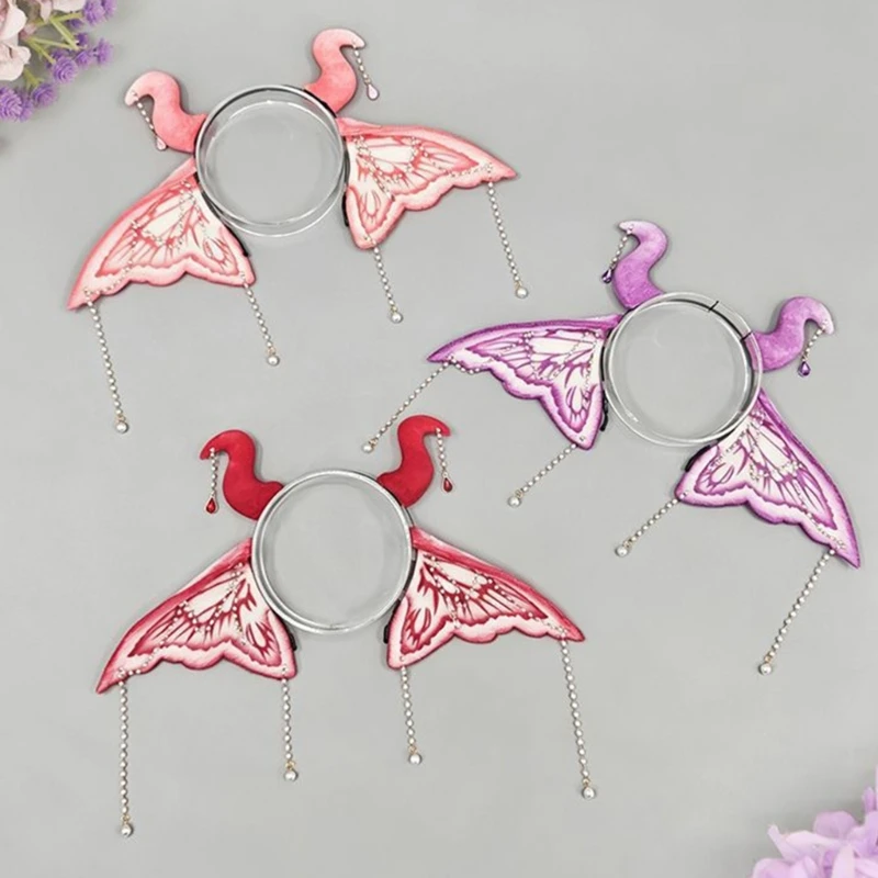 Ornate Cosplay Hairband Hair Ornament with Butterfly Panels and Hanging Ornaments for Character Costumes and Themed Photography