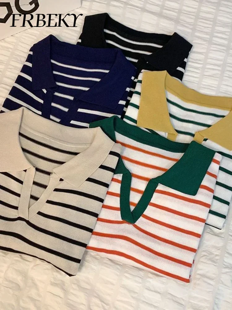 Autumn New Korean Fashion Polo Collar Knit Shirt Fashion Striped Bottoming Shirt Long-sleeved Sweater Streetwear Jumper Knitwear