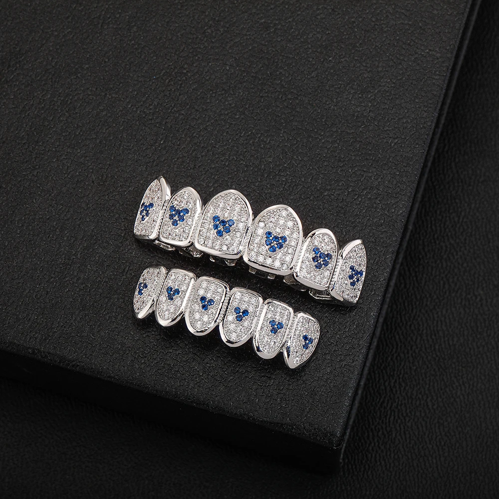 Anztilam Blue Zircon Iced Out Grillz Teeth Men Women Bling  Hip Hop Tooth Grills Caps Fashion Jewelry