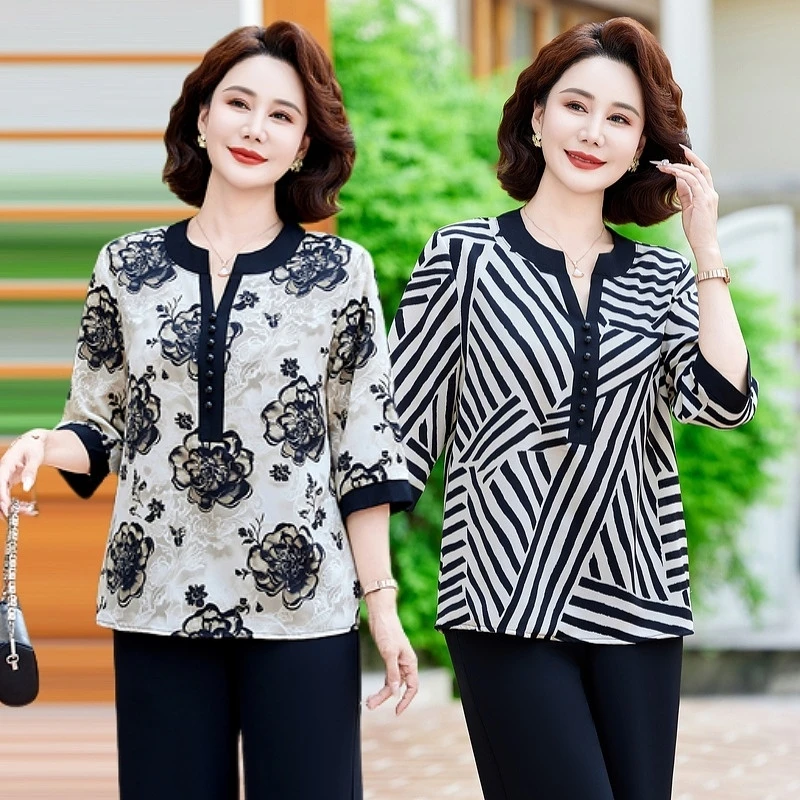 Top con cuello en V fragmentado de verano para mamá de mediana edad, camisa holgada agrandada con temperamento Noble
