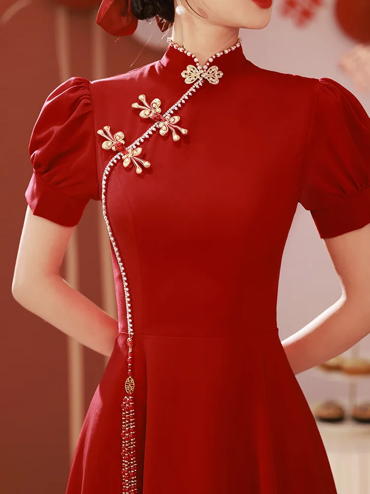 Cheongsam Toast Clothing Wine Red Chinese Style Wedding Dress Women Summer Small Mid-length Section Qipao Engagement Dress 2023