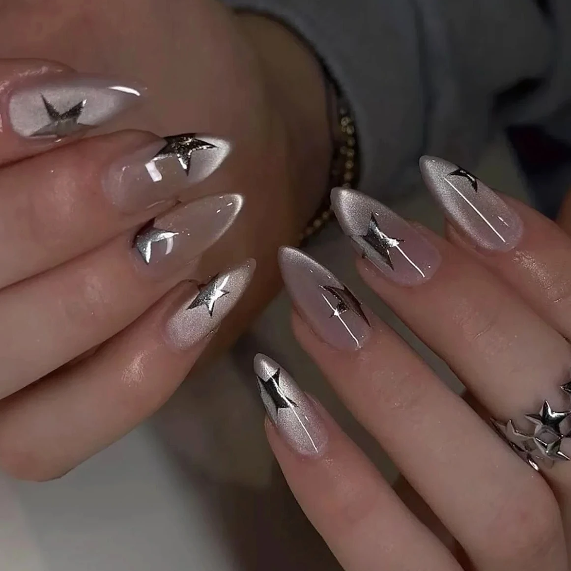 

Dreamy Glitter Powder Stars Starburst Almond Fake Nails Art Long Pointed False Nails Moon Sun Heart Rhinestones Press on Nails
