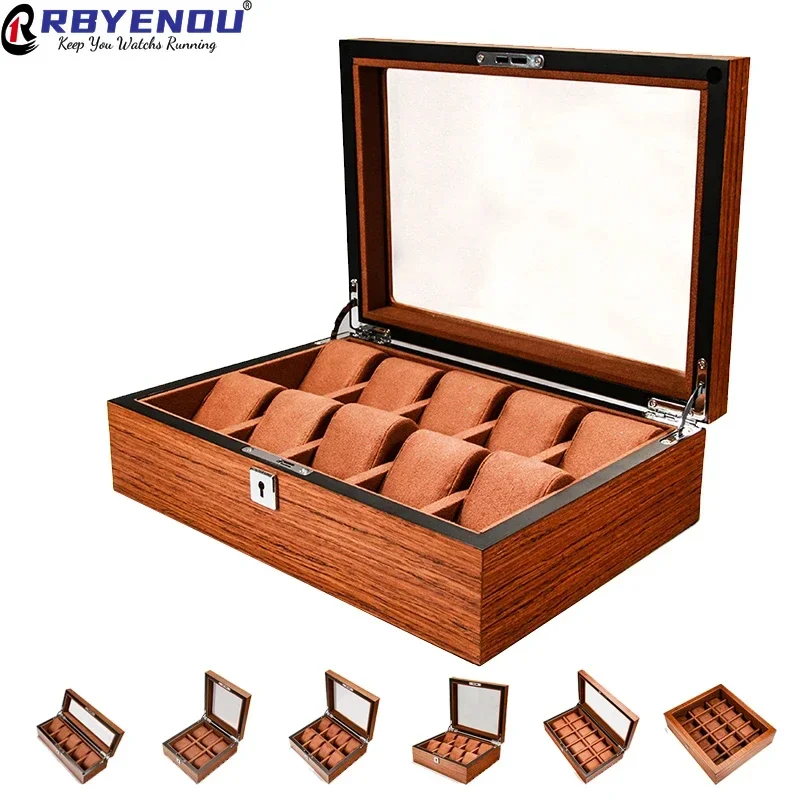 Delicate Wooden Texture Watch Cases Skylight Watch Organizer Storage Lock Boxes 6 8 10 12 18 Slots Household Window Display BoxC